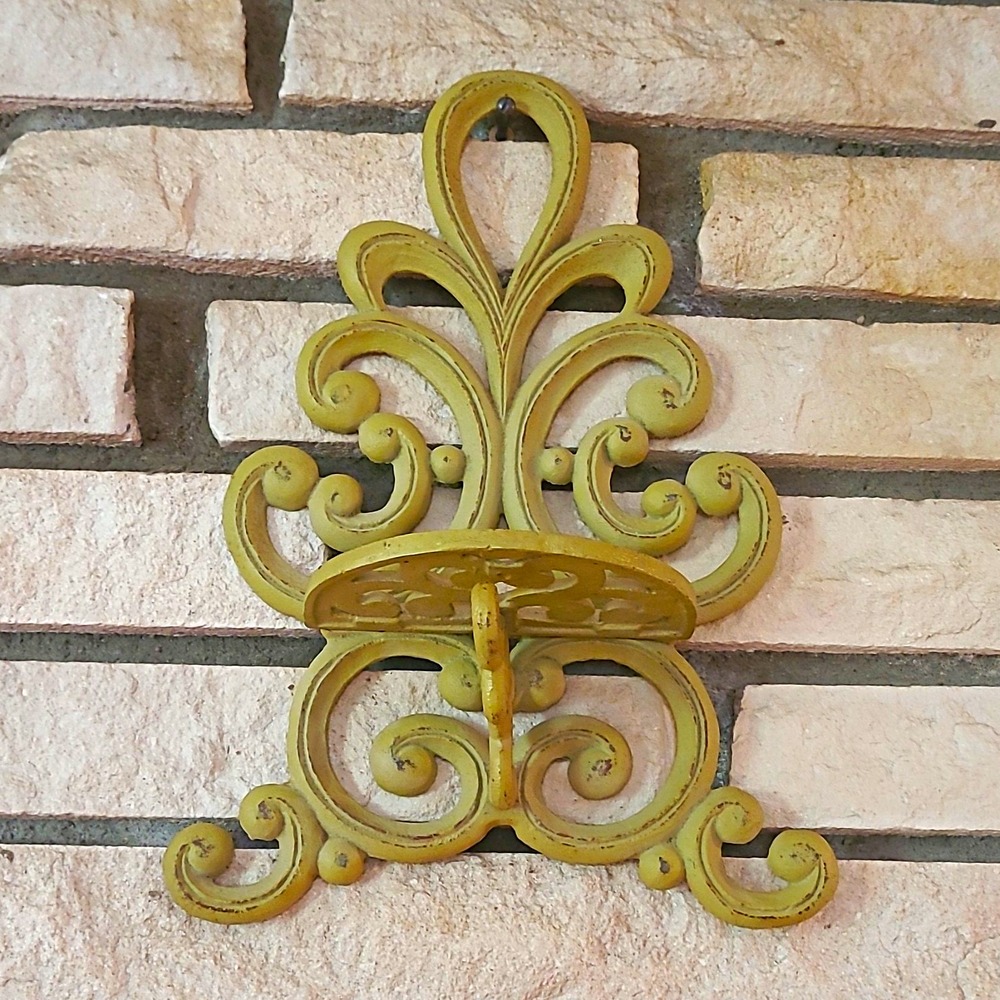Fleur de Lis Metal Wall Mounted Shelf, French Country Traditional Yellow 14 in